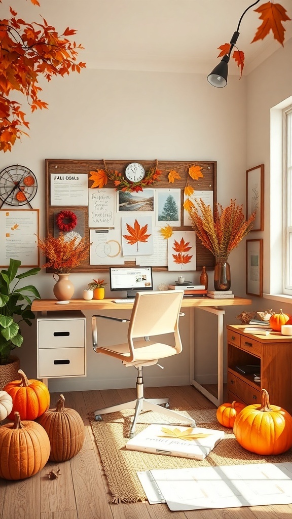 Cozy small workspace with a vision board and fall decorations