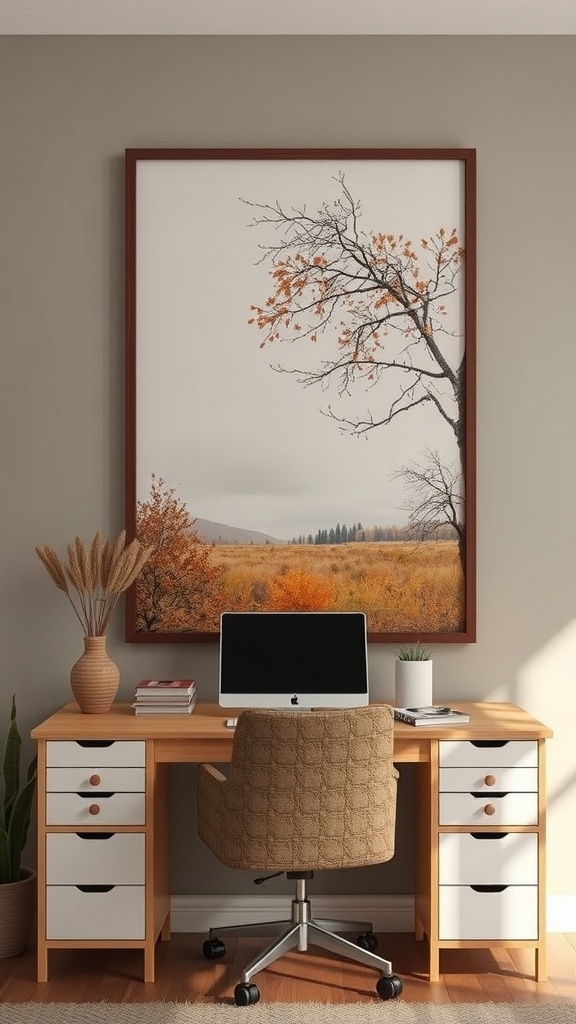 A cozy home office with a desk, computer, and framed autumn-themed artwork featuring a tree with orange leaves.