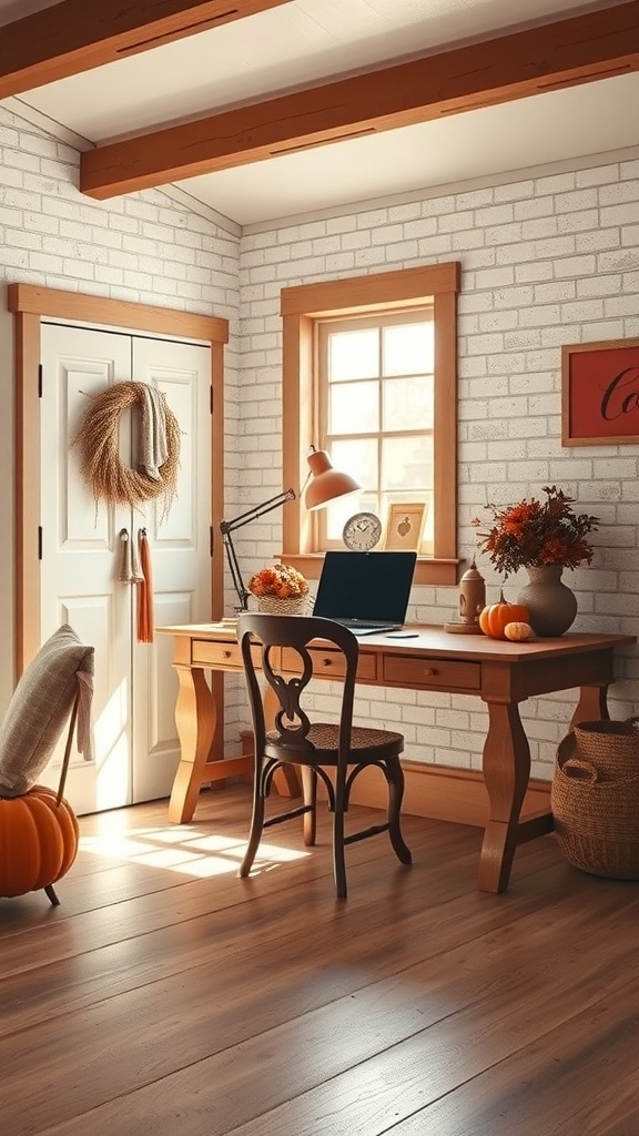 Cozy home office with light gray walls and coffee brown accents, featuring a wooden desk and chair.
