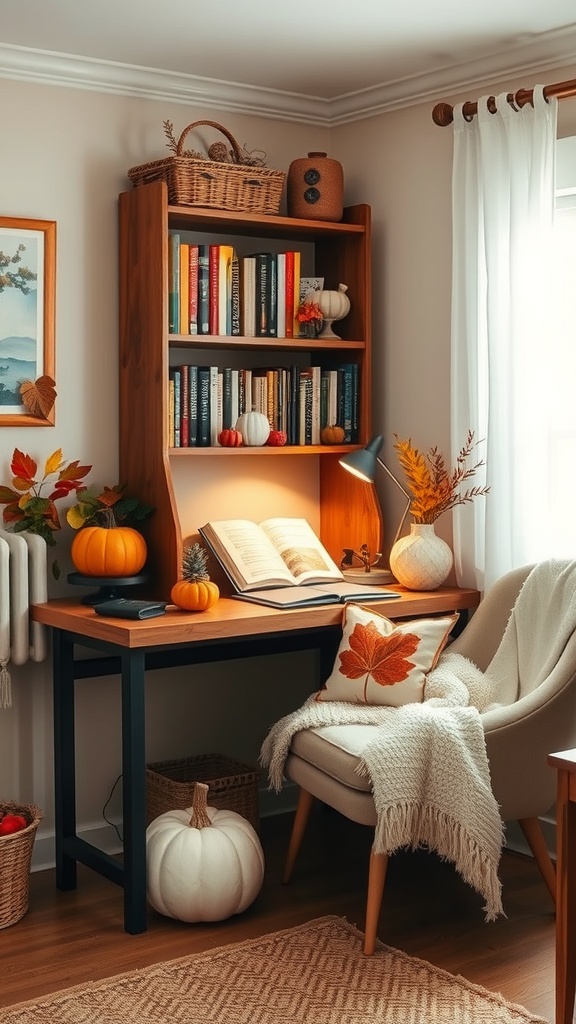 Cozy reading nook setup in a home office with a desk, chair, pumpkins, and books.