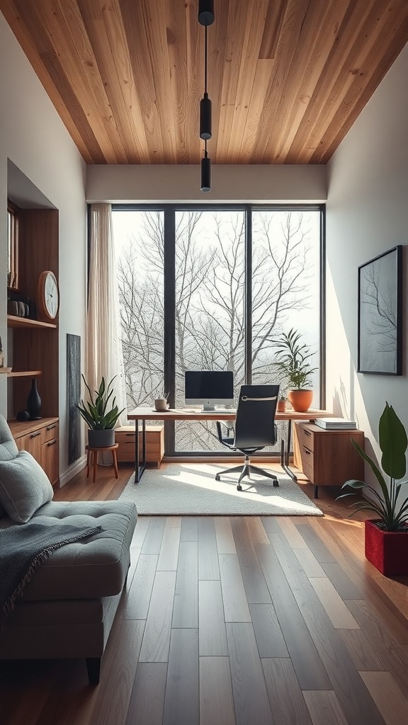 A modern home office with wooden ceiling, large windows, and plants, showcasing sustainable materials.