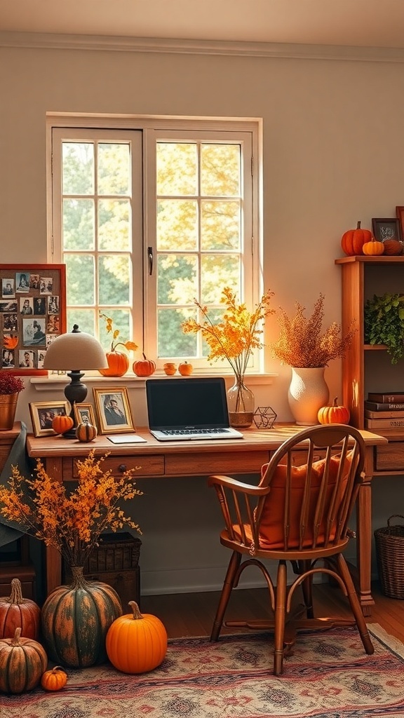 Cozy home office with family photos, pumpkins, and autumn decor.