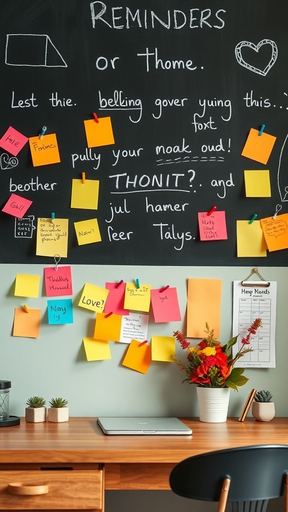 A chalkboard wall filled with colorful sticky notes and reminders, showcasing a home office setup.