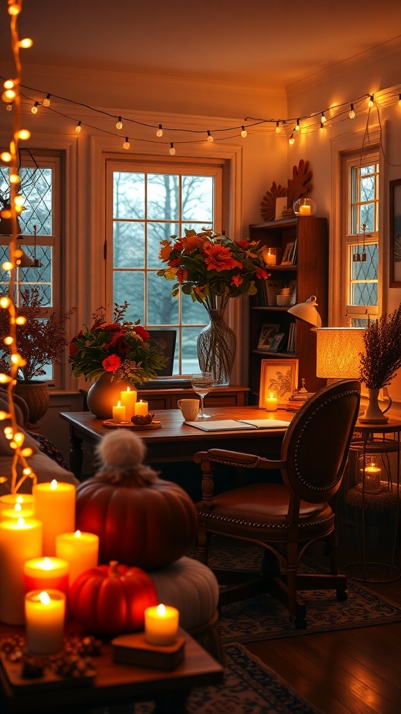 Cozy workspace with candles and fairy lights, featuring a desk with pumpkins and flowers, creating a warm fall atmosphere.