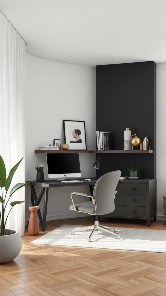 A modern minimalist home office with a black accent wall, sleek desk, comfortable chair, and decorative elements.