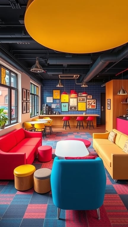 A colorful office lounge with red, yellow, and blue furniture, designed for creative collaboration.