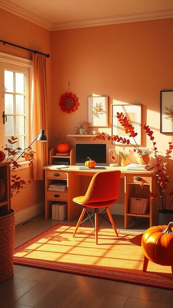 A cozy home office with muted peach tones, featuring an orange chair, pumpkin decor, and natural light.