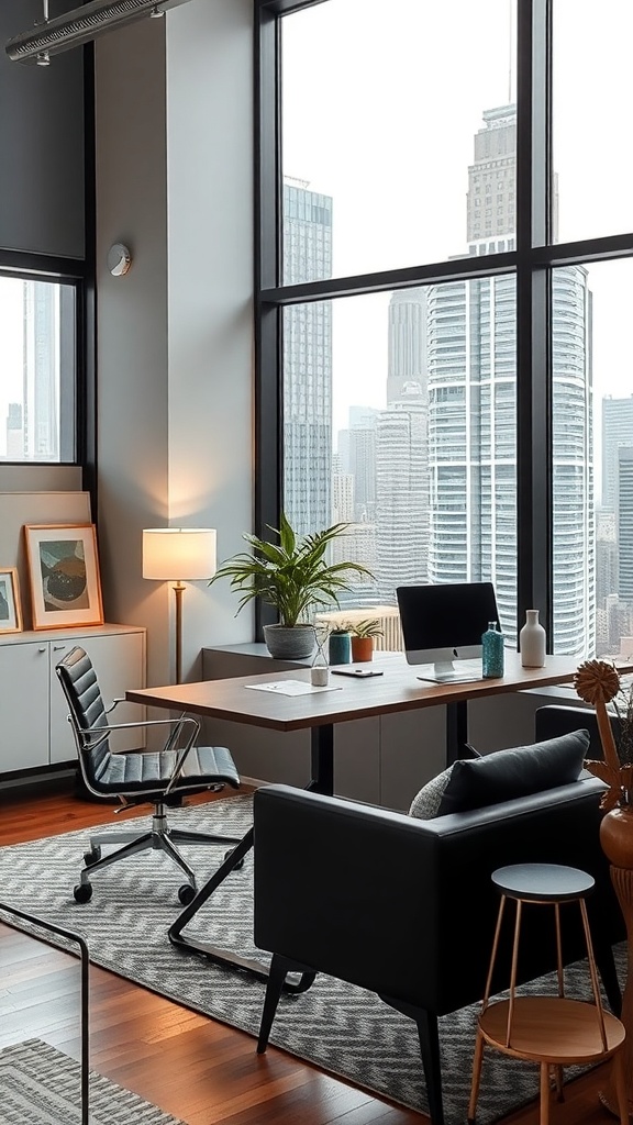 A modern home office with large windows, sleek furniture, and city views.