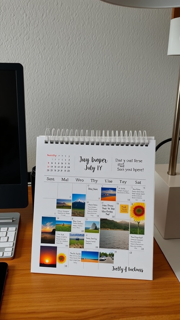 A custom July calendar featuring vibrant images and notes, placed on a desk with a computer and lamp.