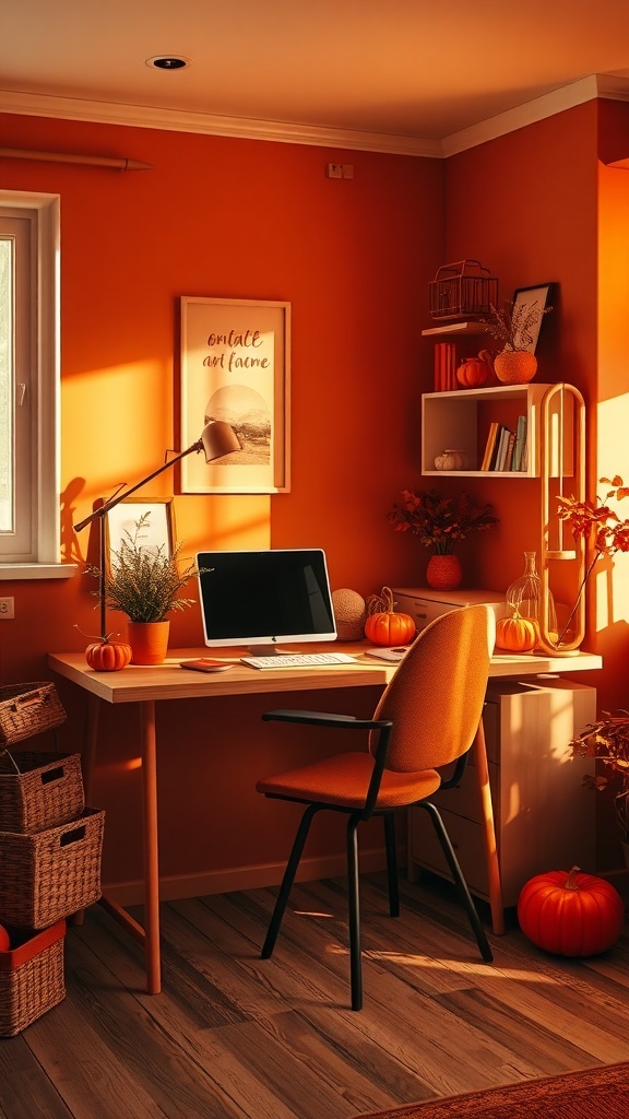 A warm home office with terracotta walls, a desk, and orange accents.