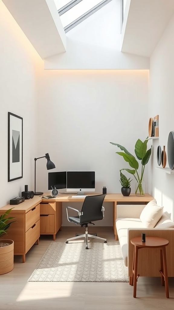 A modern minimalist home office with a wooden desk, dual monitors, a black chair, and a cozy sofa.