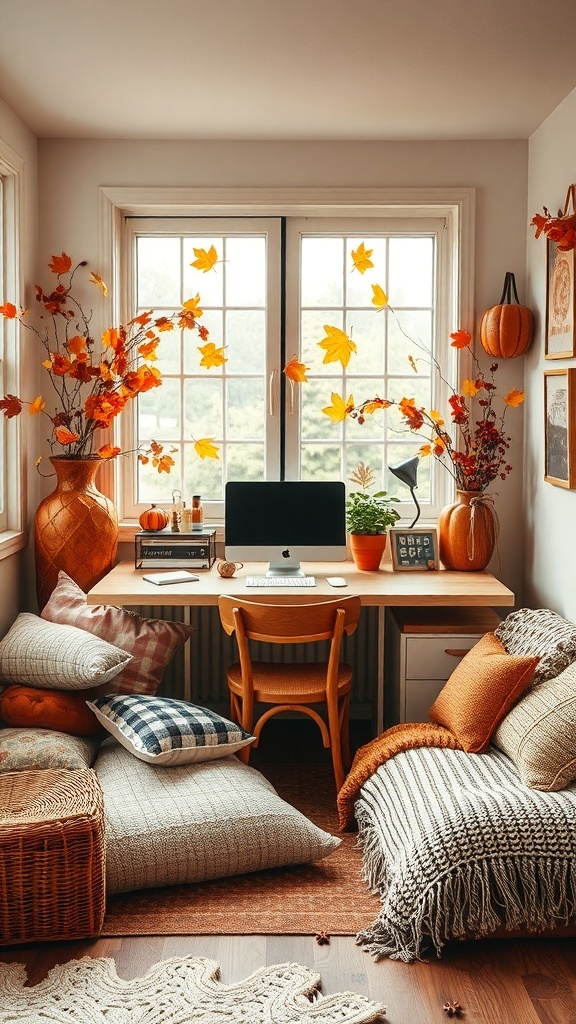 Cozy small office space with layered textiles and autumn decorations