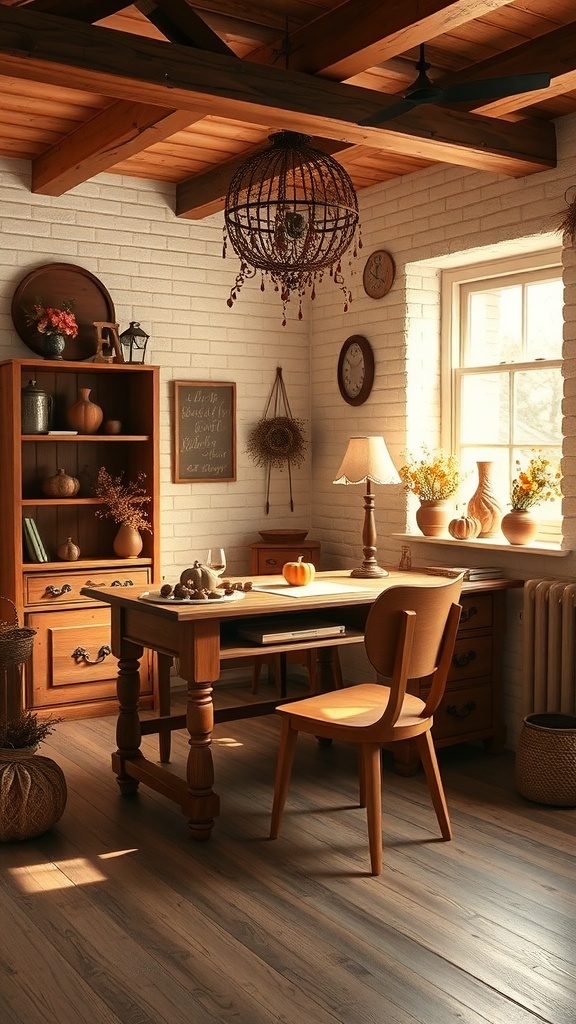 A cozy home office featuring olive drab and chestnut colors, with wooden furniture and warm lighting.