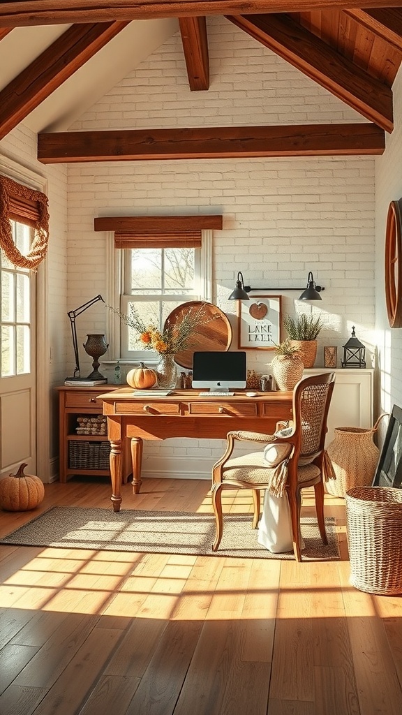 A cozy home office featuring dusty sage and brown tones, with wooden furniture and natural light.