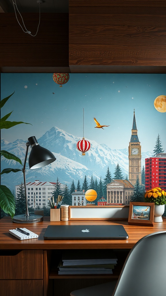 Artistic desk background featuring a mountain landscape with hot air balloons and a city skyline.