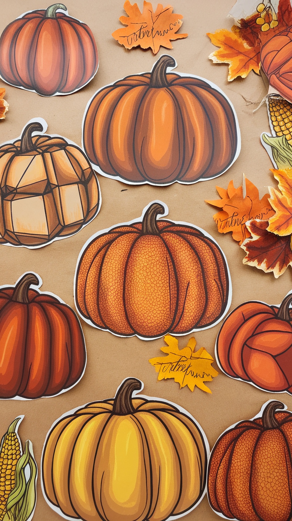 A bulletin board with colorful pumpkin drawings, showcasing both completed and outlined designs.