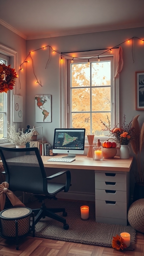A cozy home office decorated for autumn with candles, pumpkins, and warm lighting.