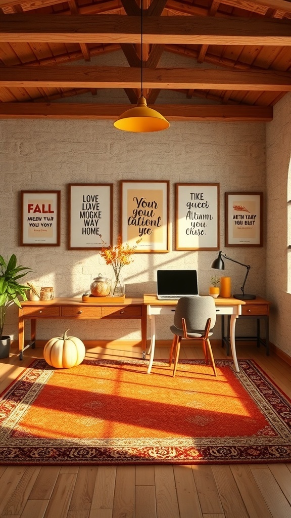A cozy home office decorated for fall with inspirational quotes on the wall, a pumpkin on the floor, and warm colors.