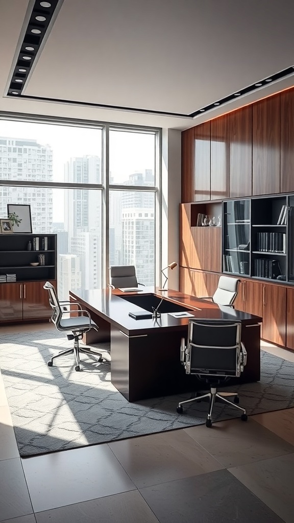 Modern L shaped executive desk with glass side panels in a stylish office setting