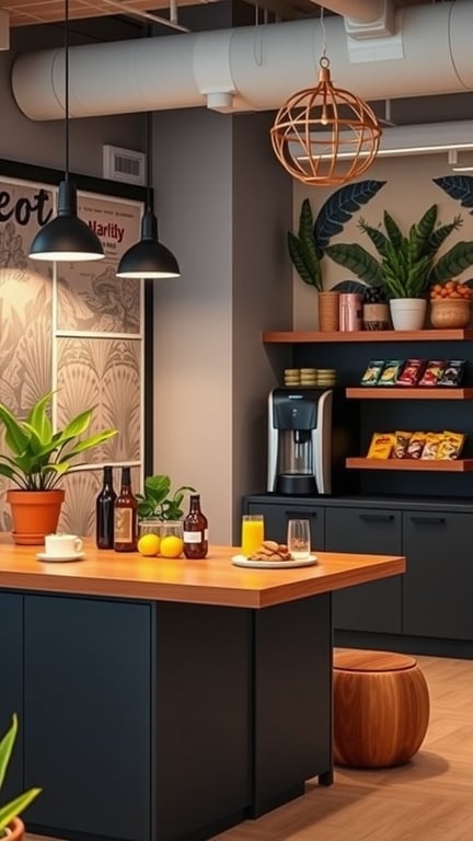 Stylish coffee and snack station with wooden table, drinks, fruits, and plants in a modern office setting.