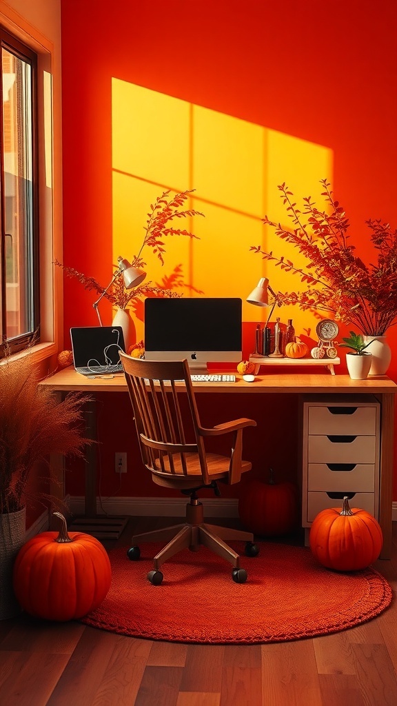 A home office with dark orange walls, a wooden desk, and pumpkins, showcasing a warm and inviting atmosphere.