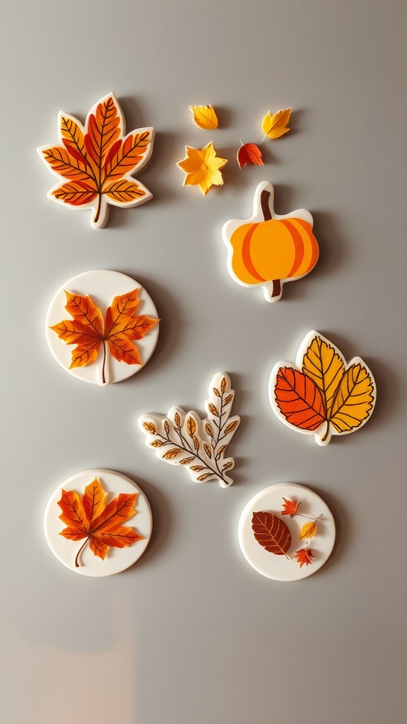 Colorful fridge magnets arranged with fall-themed decorations