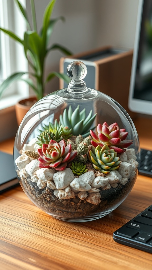 A DIY succulent terrarium on a desk with decorative stones and vibrant plants.