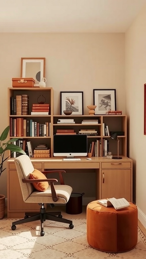 A cozy home office featuring beige and terracotta colors, with a desk, chair, and decorative elements.