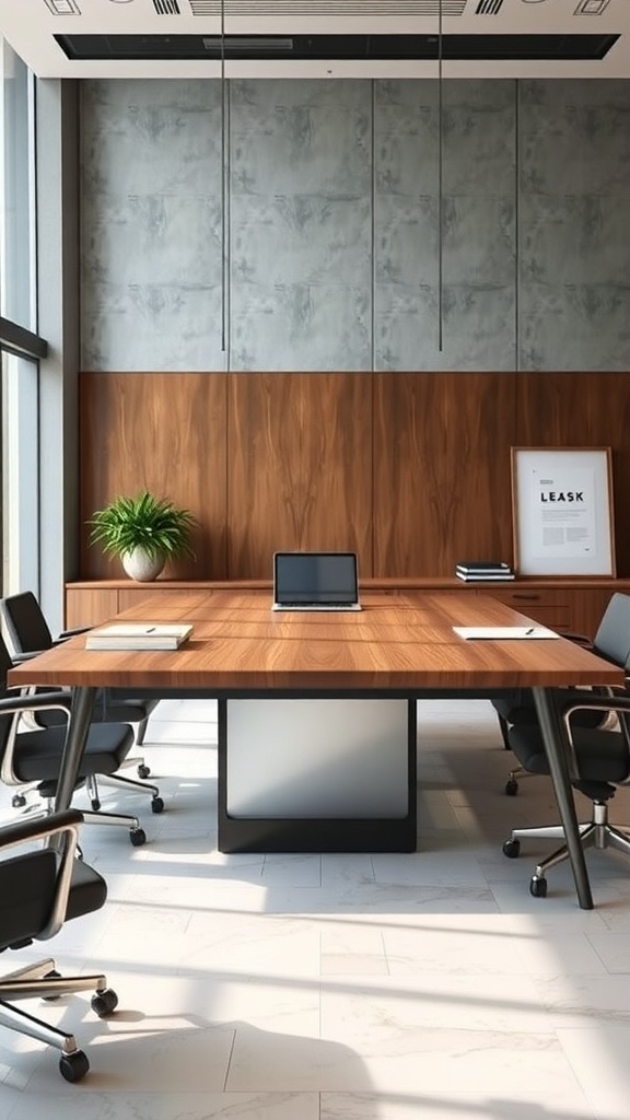 A modern multi-functional executive desk in an office setting with wooden accents and sleek design.