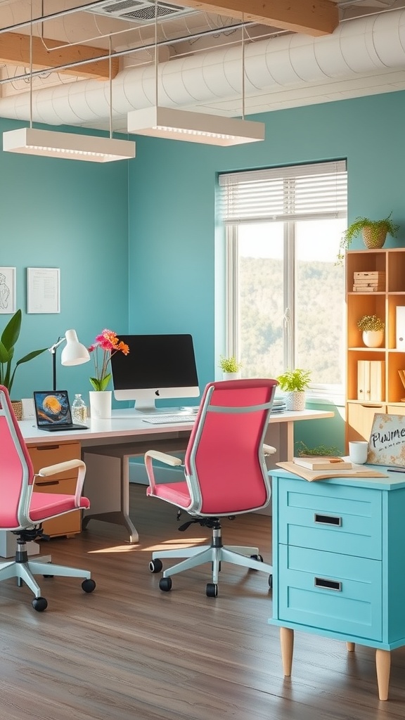 Bright home office with turquoise desk and pink chairs, showcasing painted furniture accents.