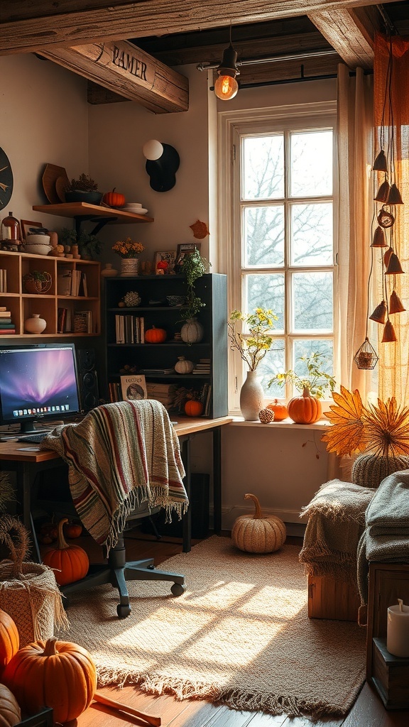 Cozy workspace with fall decorations, pumpkins, and warm lighting
