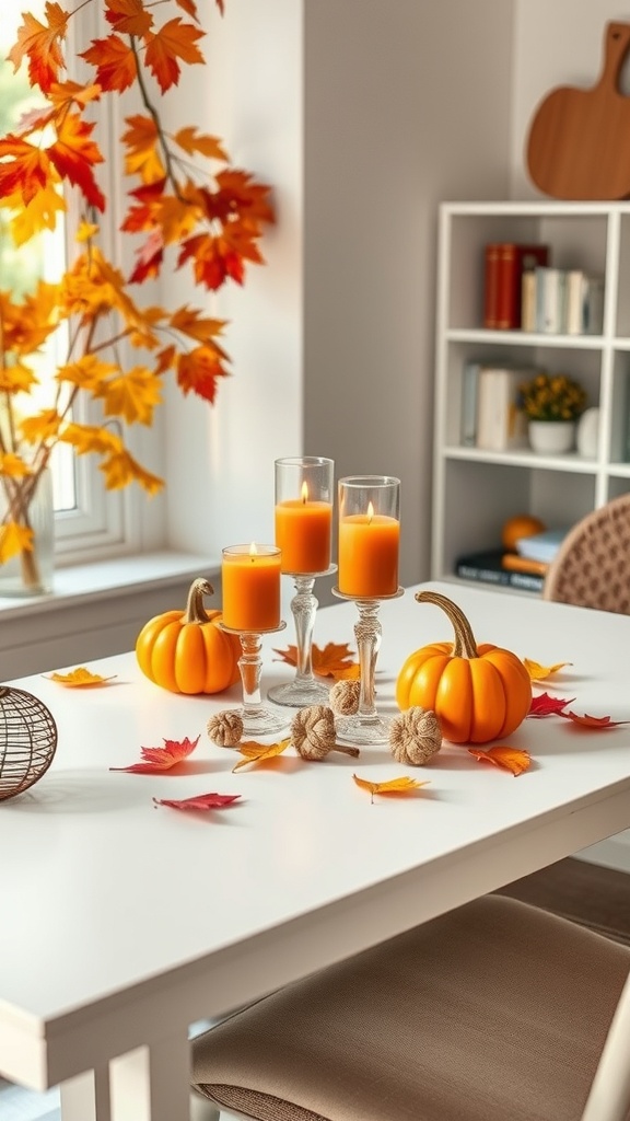 A cozy autumn setup with orange candles on candle holders, small pumpkins, and colorful leaves on a white table.