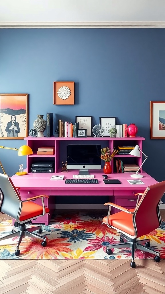 A vibrant pink executive desk in a creative home office setting, featuring colorful decor and two stylish chairs.