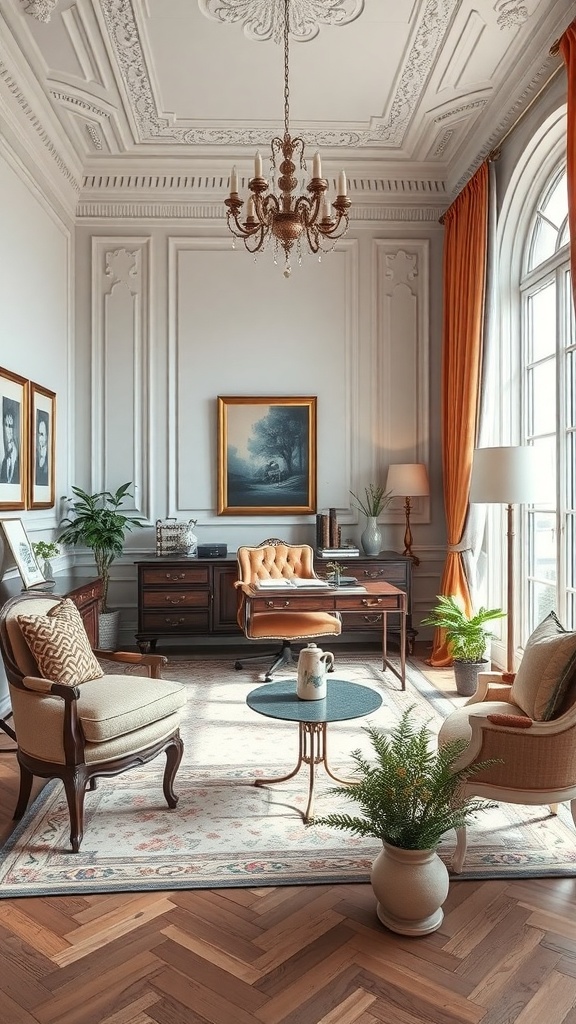 A classic home office featuring baroque architecture, vintage furniture, and warm colors.