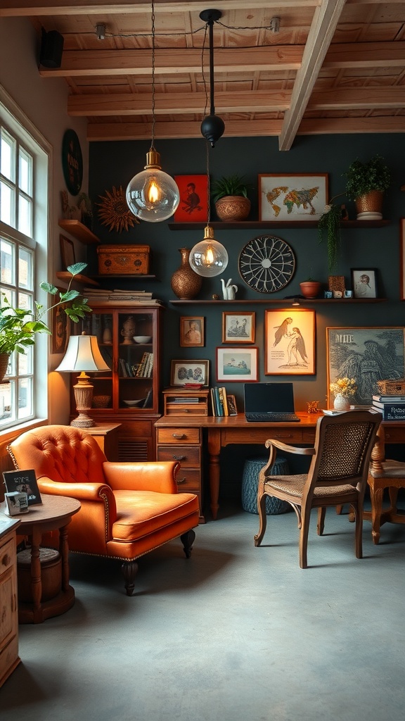 A charming vintage office space featuring a round table, two chairs, bookshelves, and plants.