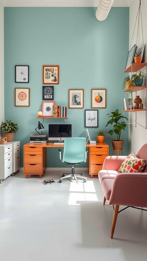 A chic retro workspace featuring a teal wall, orange furniture, and a mint green chair, adorned with plants and framed art.