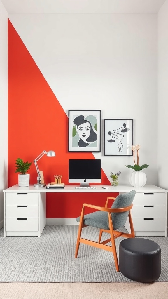 A modern home office featuring a bold red accent wall, minimalist furniture, and a cozy atmosphere.
