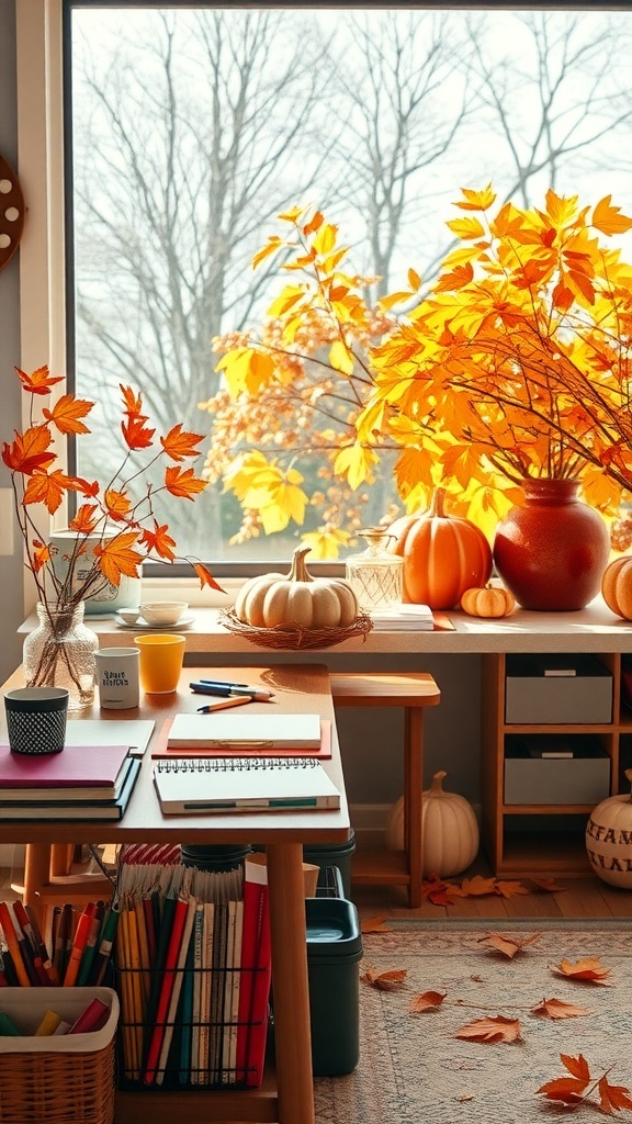 A cozy home office with colorful stationery, pumpkins, and autumn leaves, showcasing a creative workspace.
