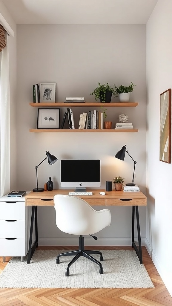 A modern minimalist home office featuring a compact desk, stylish chairs, and plants.