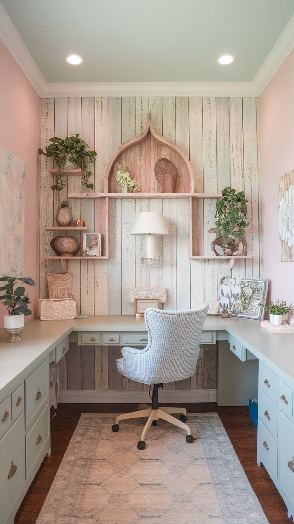 A cozy home office featuring a rustic wooden wall with decorative shelves and plants.