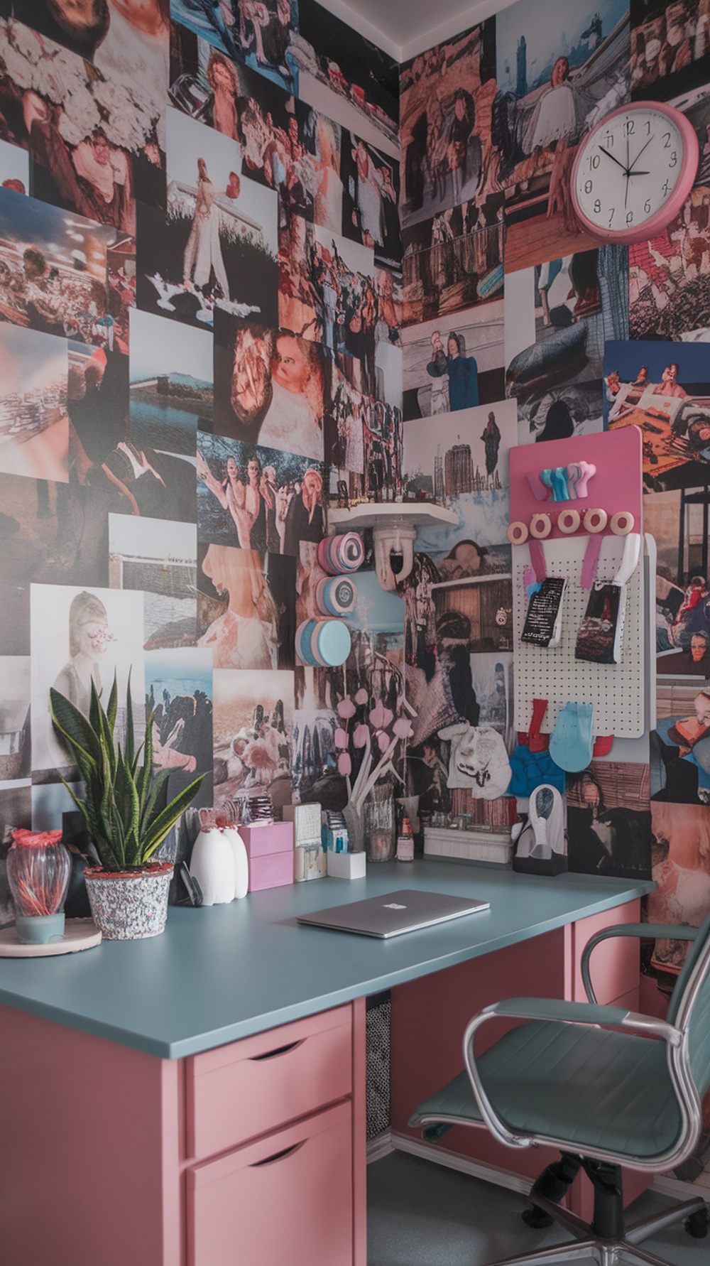 A home office featuring a colorful photo collage on the walls, with a pink desk and a laptop.