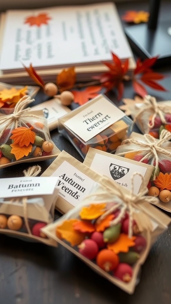 Autumn scented sachets with colorful leaves and acorns on a desk