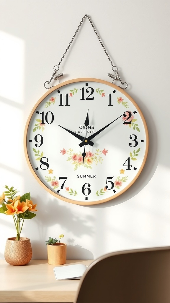 A summer-themed wall clock with floral design hanging on a wall, surrounded by small plants on a desk.