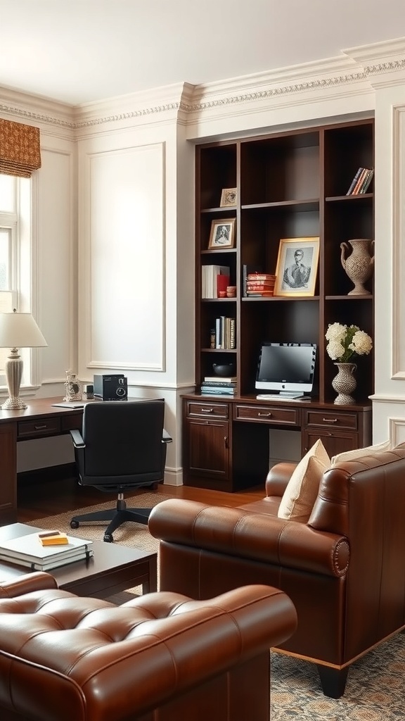 A cozy home office featuring a wooden desk, brown leather chairs, and warm decor.