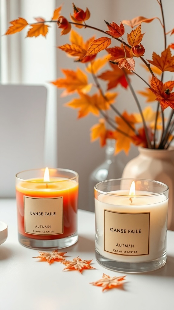 A cozy home office with scented candles, pumpkins, and autumn decor.