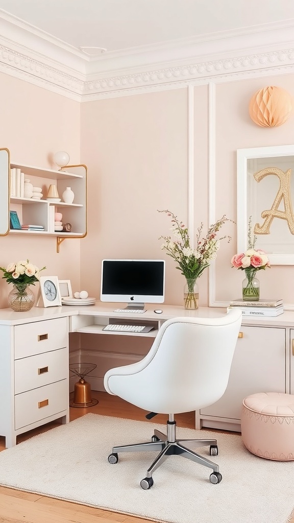 A chic home office with pastel pink walls, white desk, and elegant chairs, featuring natural light and decorative elements.