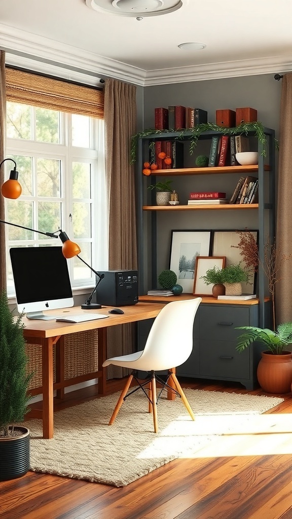 A cozy home office featuring a wooden desk, green plants, and a warm color palette.