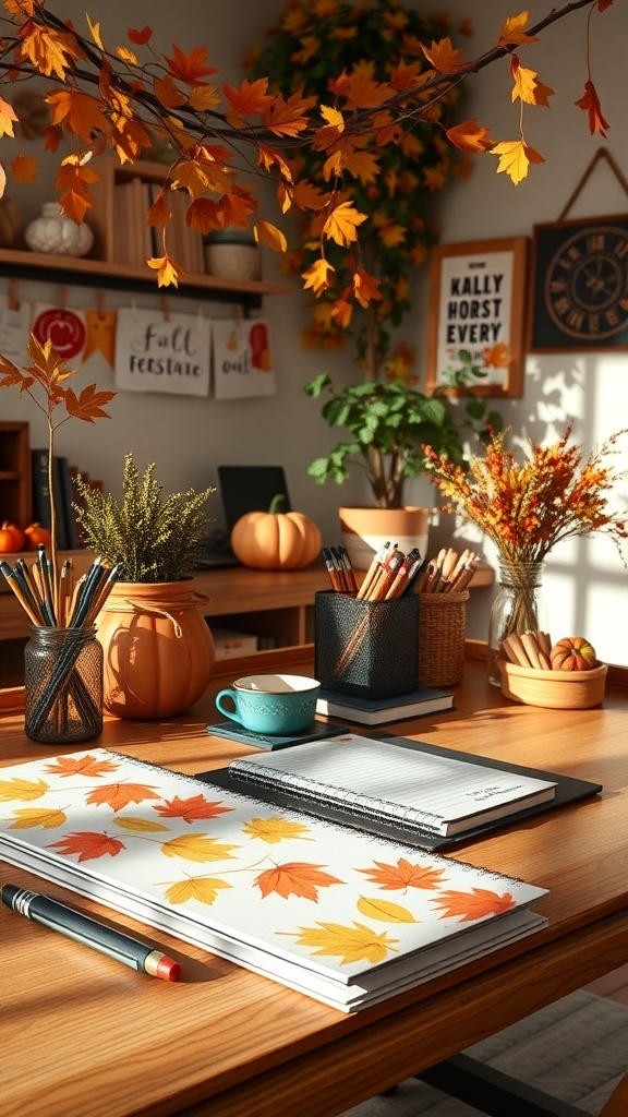A cozy home office with autumn-themed decor, featuring notebooks with leaf designs, a turquoise cup, and decorative pumpkins.