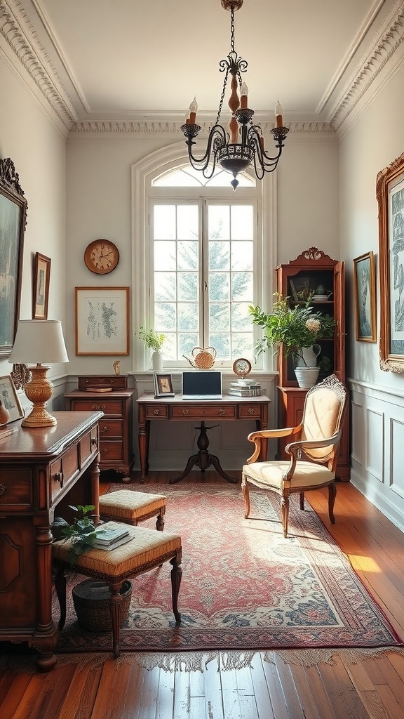 A vintage home office featuring antique furniture, a chandelier, and warm lighting.