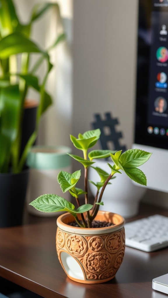 A small green plant in a white pot on a wooden desk with a laptop and mouse nearby.